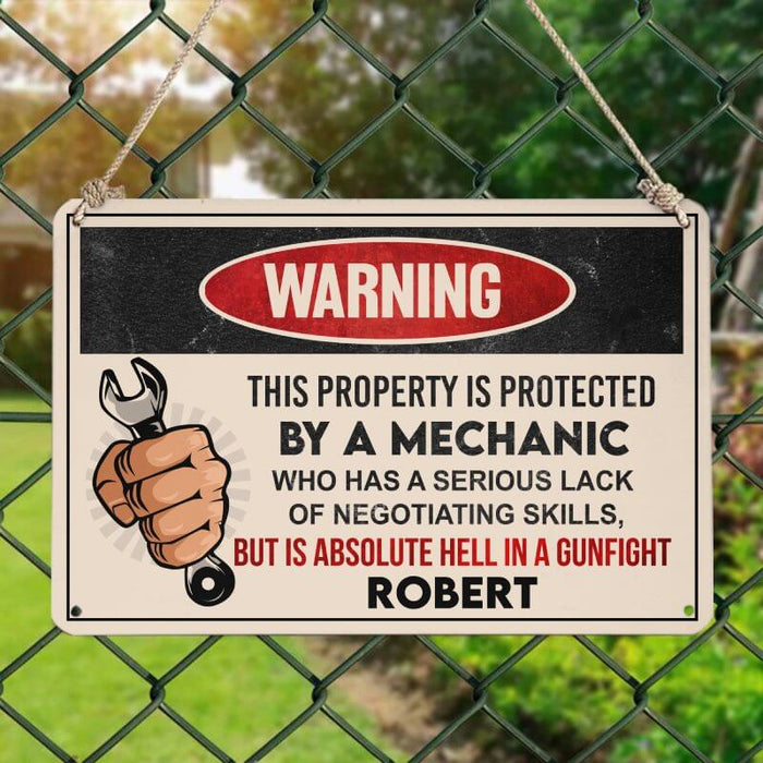 This Property Is Protected By A Mechanic - Gift for a Mechanic - Personalized Custom Metal Sign