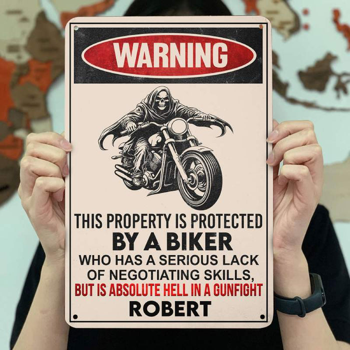A Biker lives here - Gift for a Biker  - Personalized Custom Metal Sign