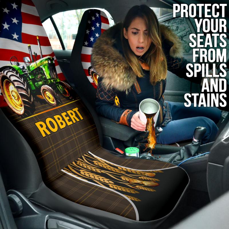 Personalized Car Seat Covers - Tractor and Flag (2pcs, universal fit)