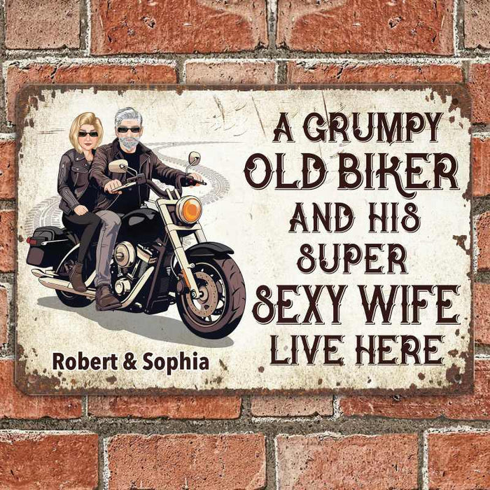 Grumpy Biker And His Wife - Gift for a Biker  - Personalized Custom Metal Sign