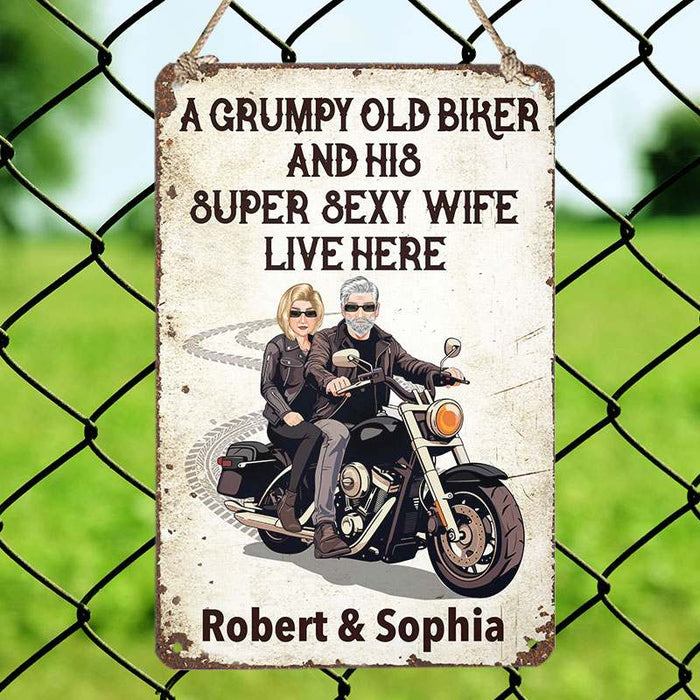 Grumpy Biker And His Wife Live Here  - Personalized Custom Metal Sign