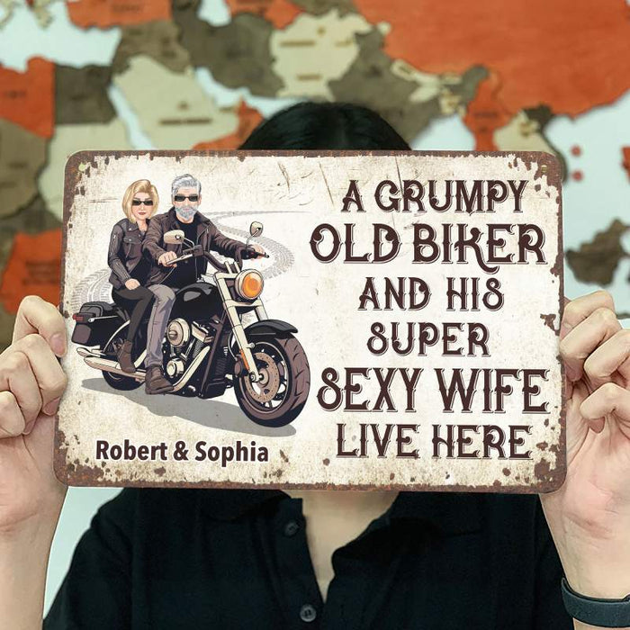 Grumpy Biker And His Wife - Gift for a Biker  - Personalized Custom Metal Sign